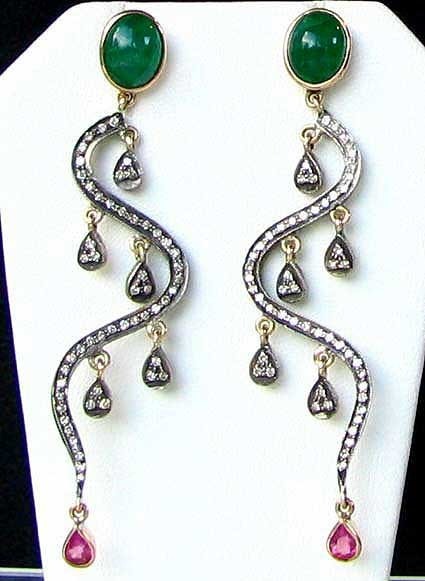 18Kt Gold Earrings Dripping W/ 108 Diamonds Pink Sapphire Emerald | 2.75 inches| - image 3 of 10