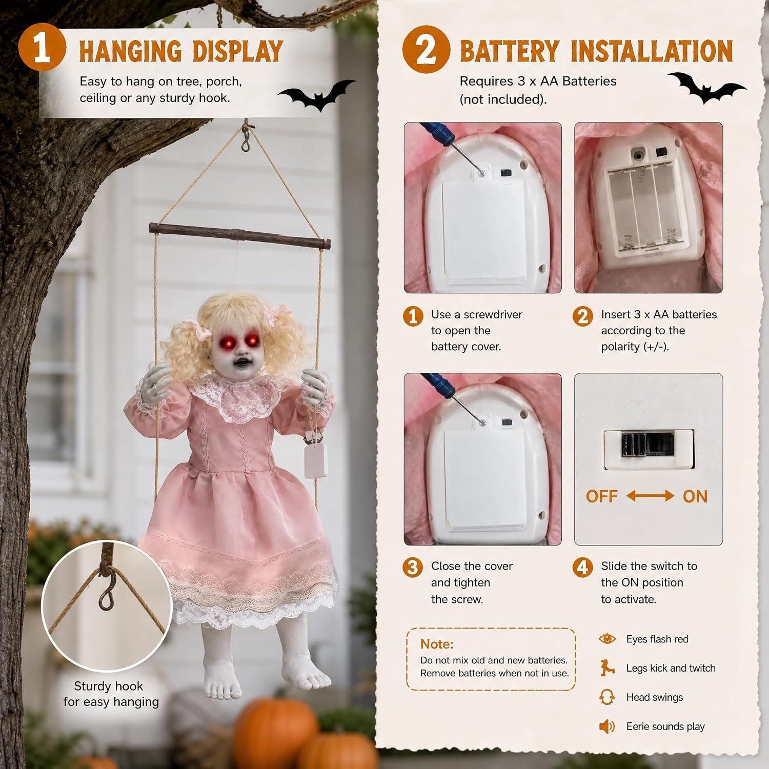 Halloween Animatronic Hanging Swinging Doll with Lighted Eyes and Creepy Sounds, Sound Activated Haunted House Prop for Indoor and Outdoor Decor