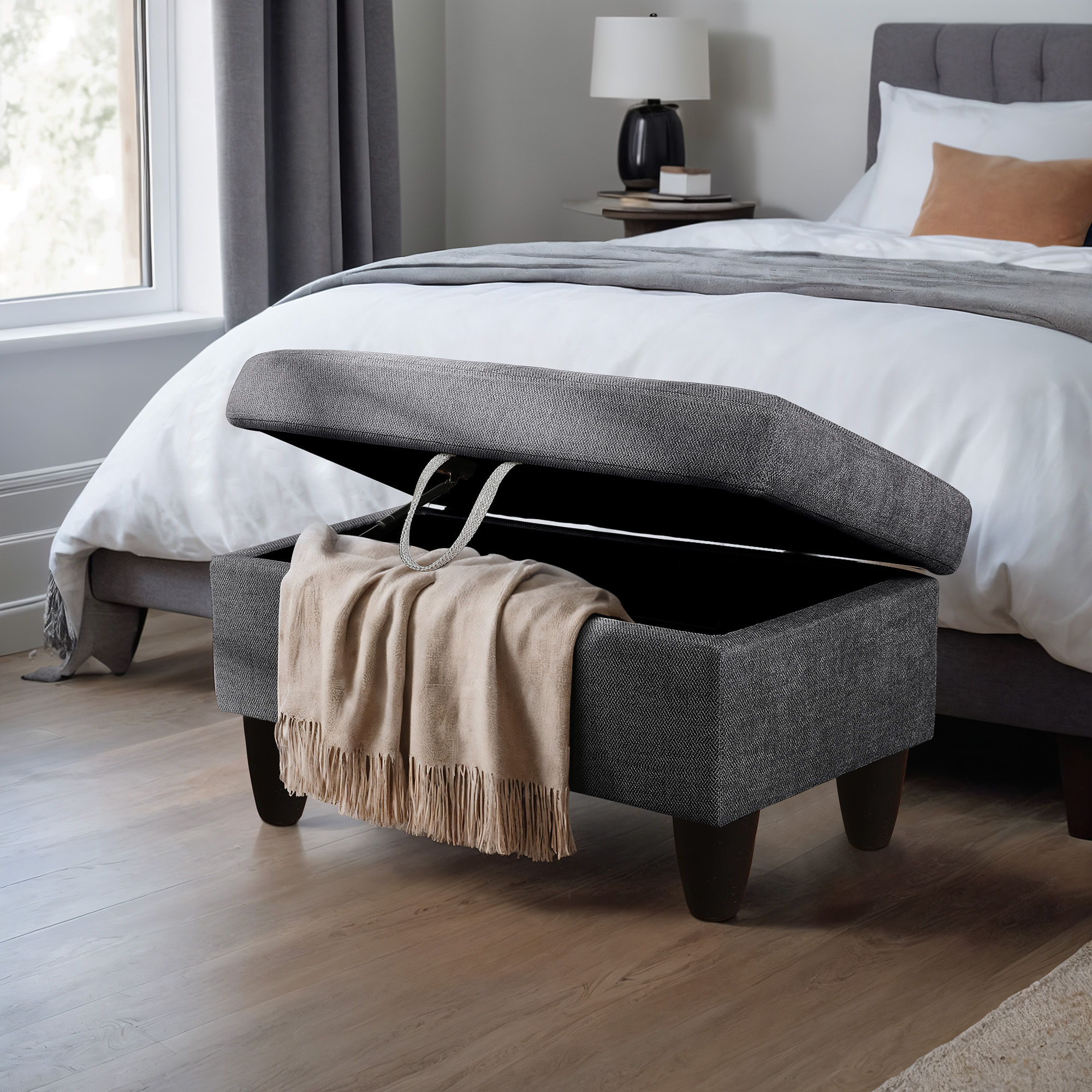 WRTEYEUI Ottoman Rectangular Storage Ottoman Bench, Flannel Footrest Stool Footstool with Lid for Living Room, Bedroom, Entryway, Black Gray, 28.5"x19"x17.5"