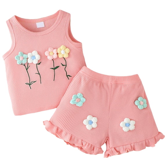 Soepste Ropa De NiñA Baby Girls Floral Waffle Knit Tank Shorts Set Cute Summer Outfit(9-12 Months,Pink)