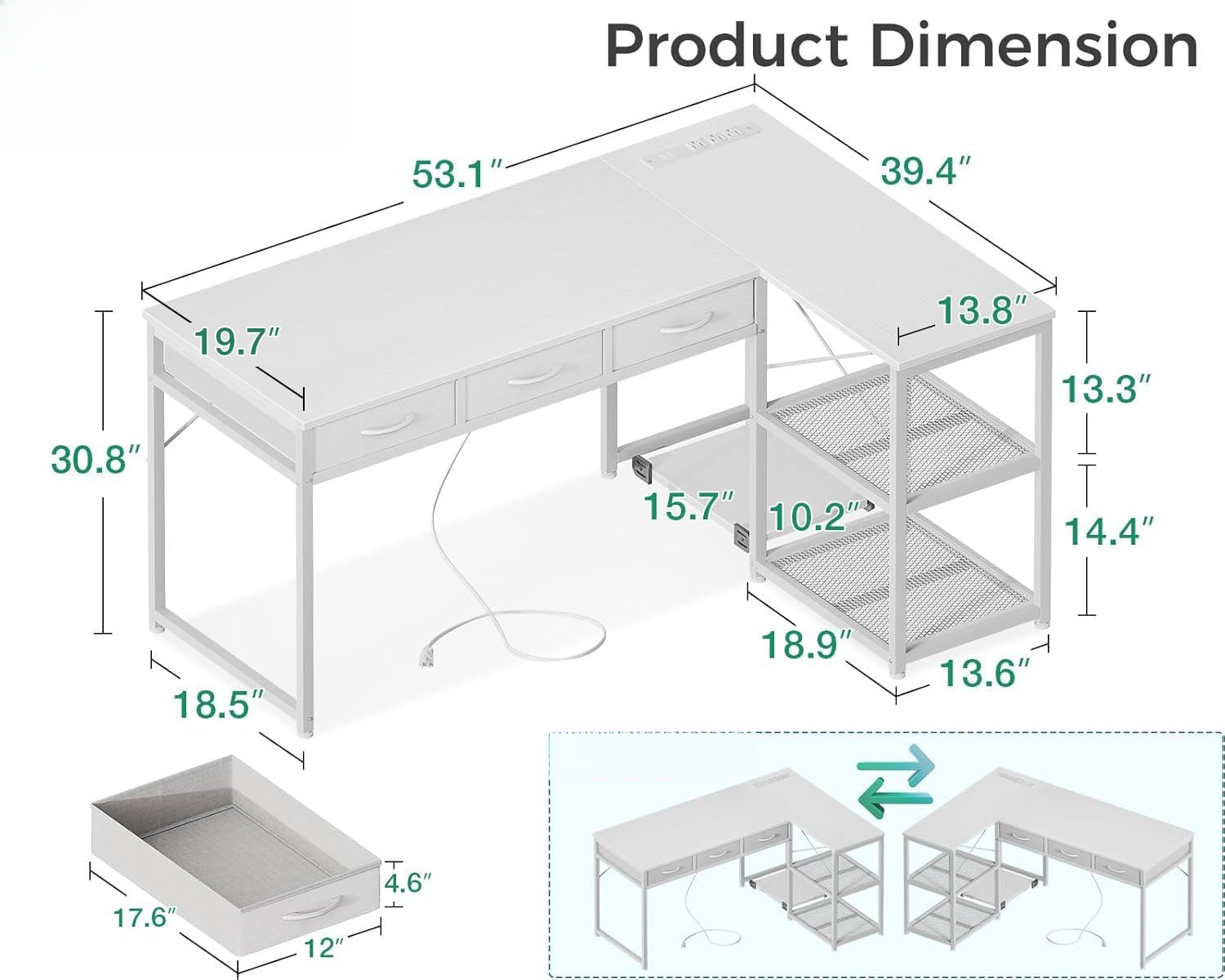 53 Inch L Shaped Computer Desk with Drawers, Power & Reversible Storage Shelves, White