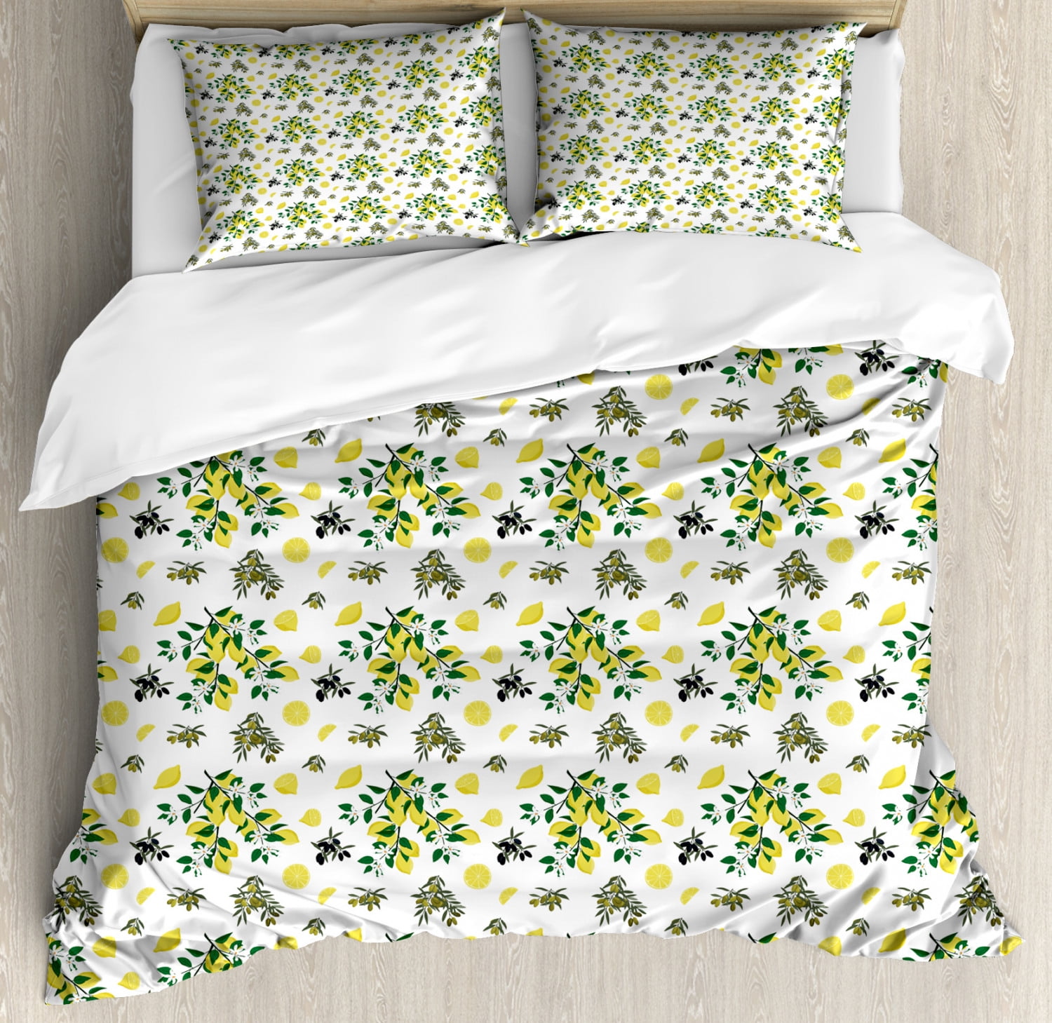 Botanical Duvet Cover Set, Composition of Olives and Lemons on Trees