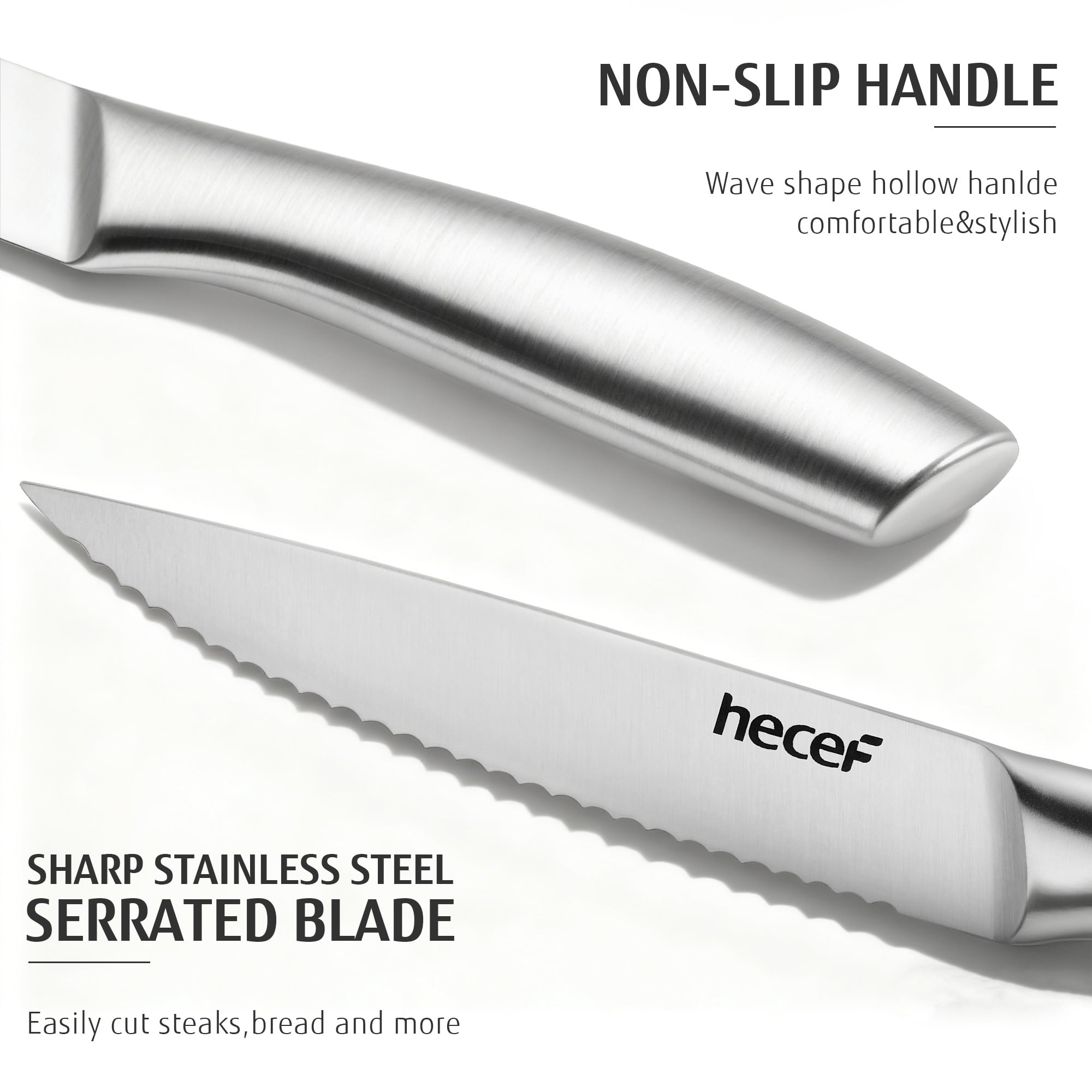 Hecef All-Steel Steak Knife Set of 6, High-Carbon Stainless Steel Serrated Edge Dishwasher safe Knives