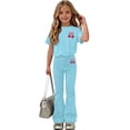 thumbnail image 2 of Girls Clothing Set Teen 2 Piece Outfits Round Neck Oversize Short Sleeve Tops Flare Pants Sets School Loose Light Blue 11-12 Years, 2 of 6