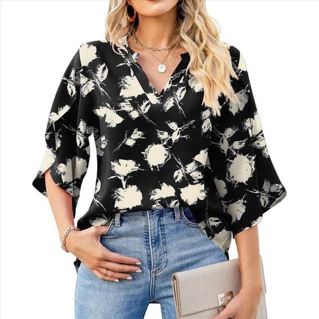 Blusas de Mujer con Mangas 3/4 y Cuello en V Holgado con Estampado de Pétalos de , Blusas de Trabajo de Negocios Flores Blancas M