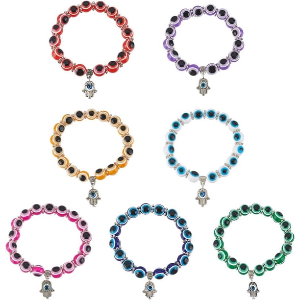 Pulsera de cuentas de 8 colores con la mano de Hamsa para hombres y mujeres, pulsera elástica de cuentas para protección y bendición, joyería de buena suerte.