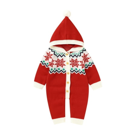 

Bagilaanoe Newborn Baby Girl Boys Christmas Knitting Jumpsuit Snowflake Print Long Sleeve Hood Bodysuit 3M 6M 12M 18M Infant Ribbed One Piece Romper