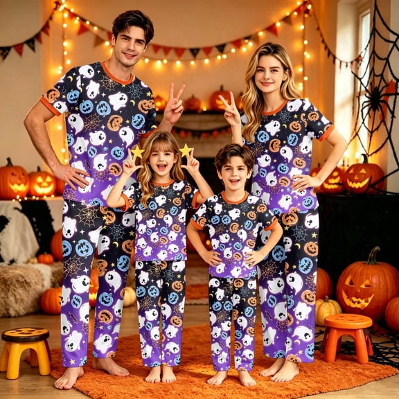 Halloween Pajamas, Family Matching Pajamas, Halloween Pajamas for Family, Halloween Matching Family Pajamas Purple Ghost Pumpkin Spider Web Print Short Sleeve Set for Costume Party, Baby 12 Months