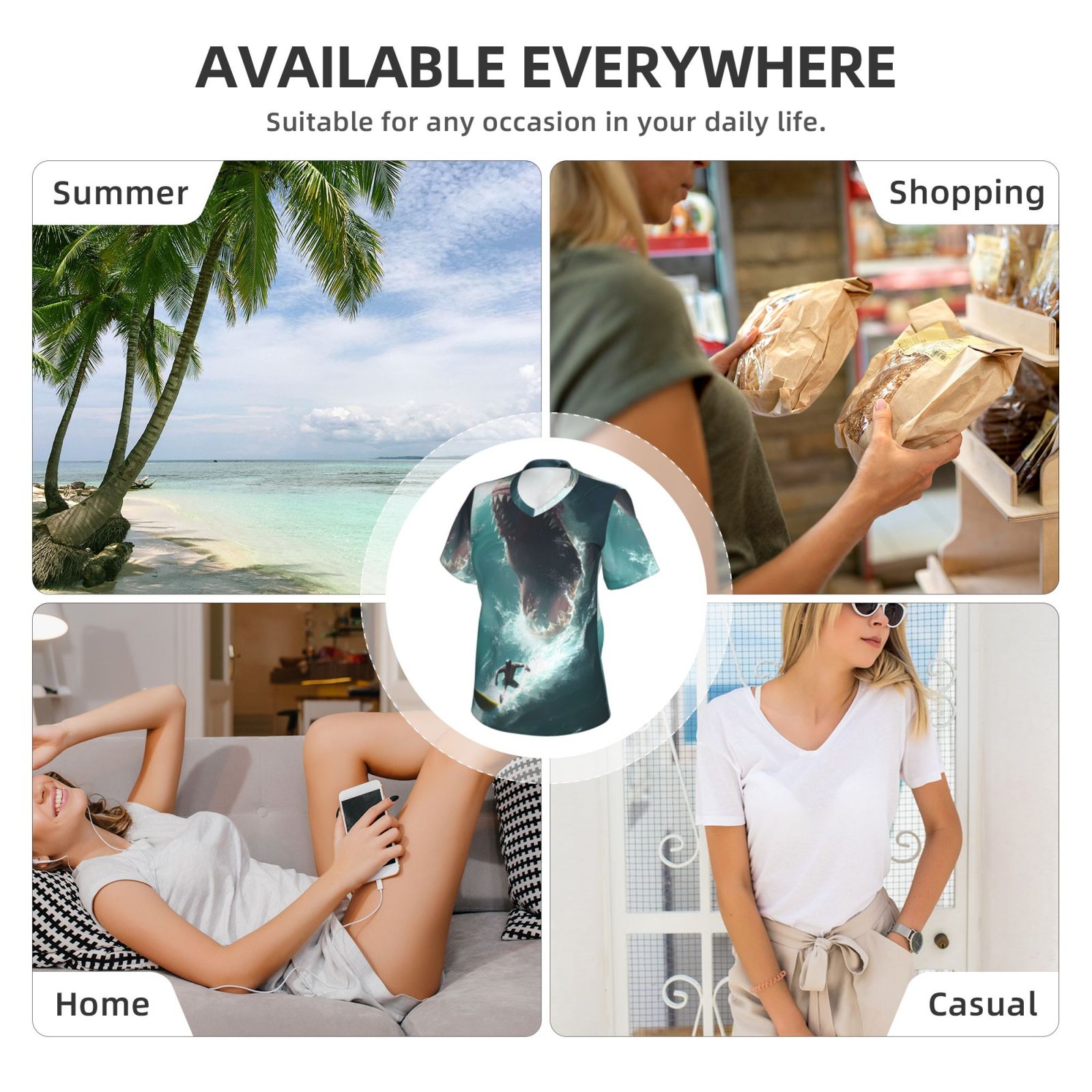 Vsdgher Surfing Shark Women Shirts V Neck Short Sleeve Tops T-Shirt Basic Tees, S to 3XLMedium