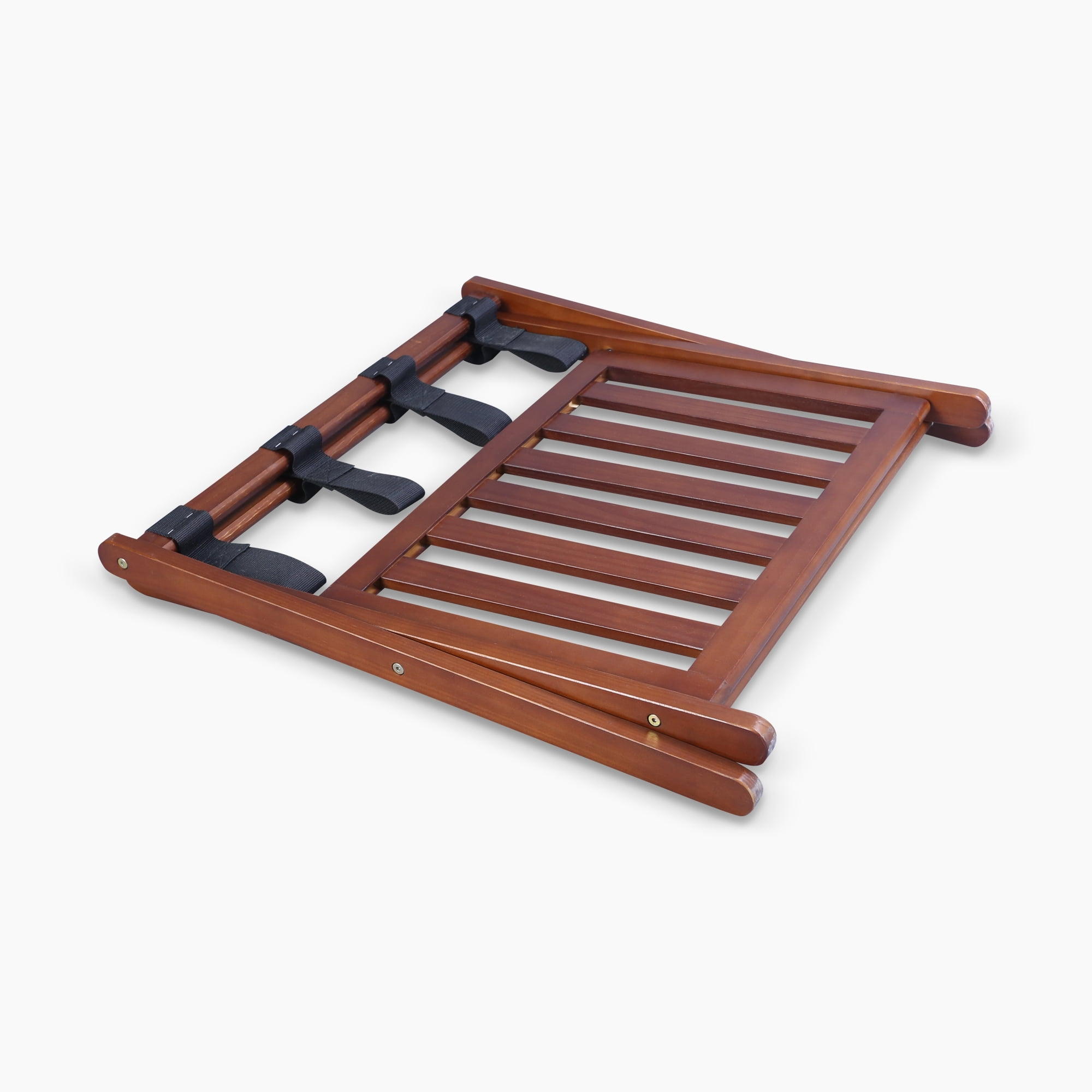 Solid Wood Folding Luggage Rack with Heavy-duty Straps and Shelf - New Walnut