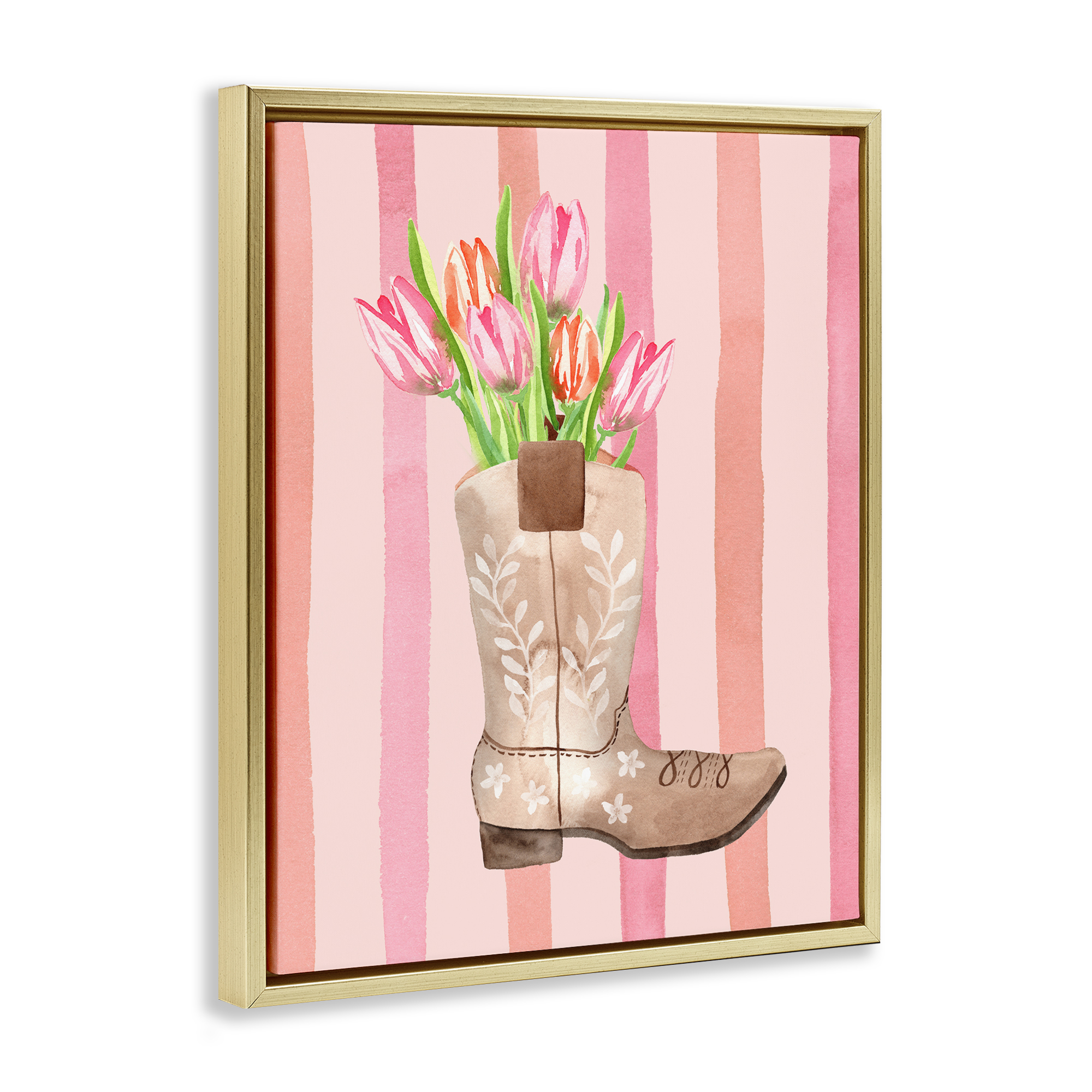 Tulip Cowgirl on Stripes Gold Framed Floater Canvas Wall Art, design by Nina Jacobs