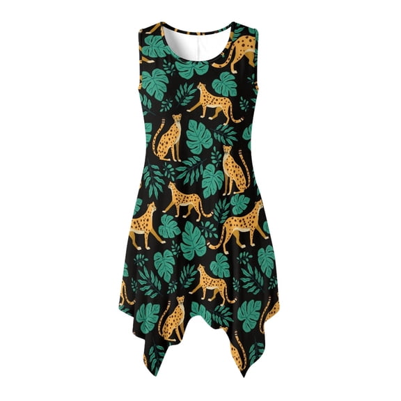 HELLHERO Leopard Pattern Summer Sleeveless Dresses, Asymmetric Sleeveless Sundress with Side Pockets Round Neck for Vacation