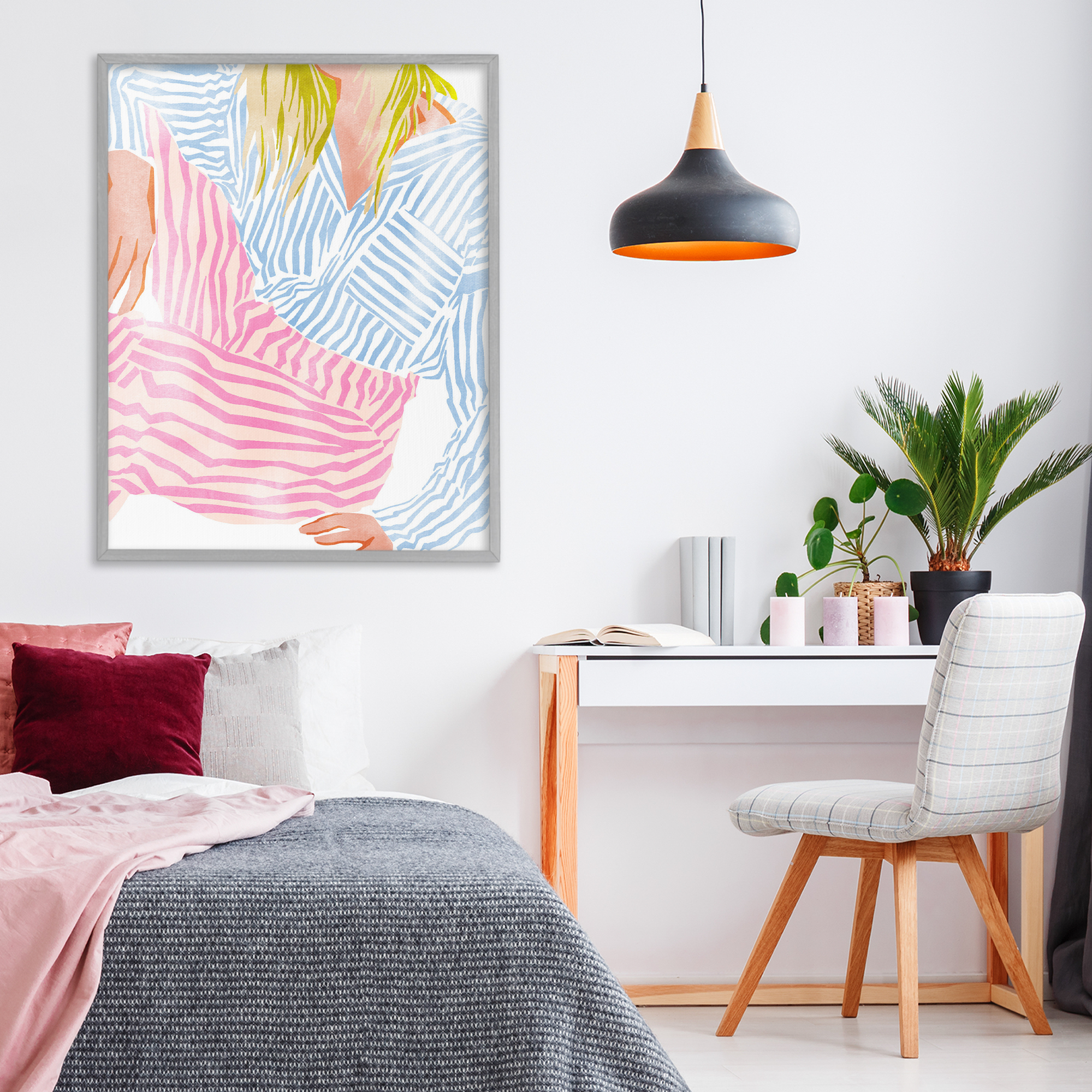 Female in Pastel Stripes Gray Framed Giclee Art, design by Ziwei Li