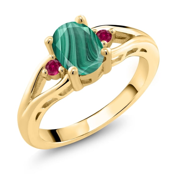 Gem Stone King 18K Yellow Gold Plated Silver Green Malachite and Red Created Ruby 3 Stone Engagement Ring for Women | 2.10 Cttw | Oval 8X6MM | Round 2MM | Gemstone Birthstone | Size 9