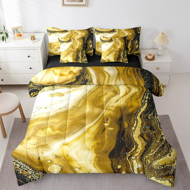 YST Yellow Marble Bed in a Bag 7-Piece Abstract Aesthetic Bedding Set, Stone Pattern Marbling Twin Size Comforter Set