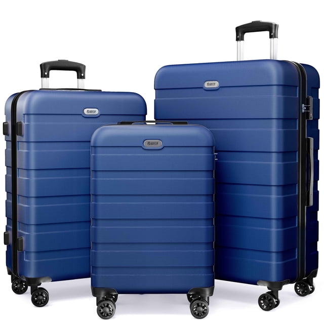 Ensemble de Bagages 3 Pcs, Valises Rigides Légères en PC ABS avec Serrure TSA, Bagage de Cabine à Roulettes, Bleu Foncé
