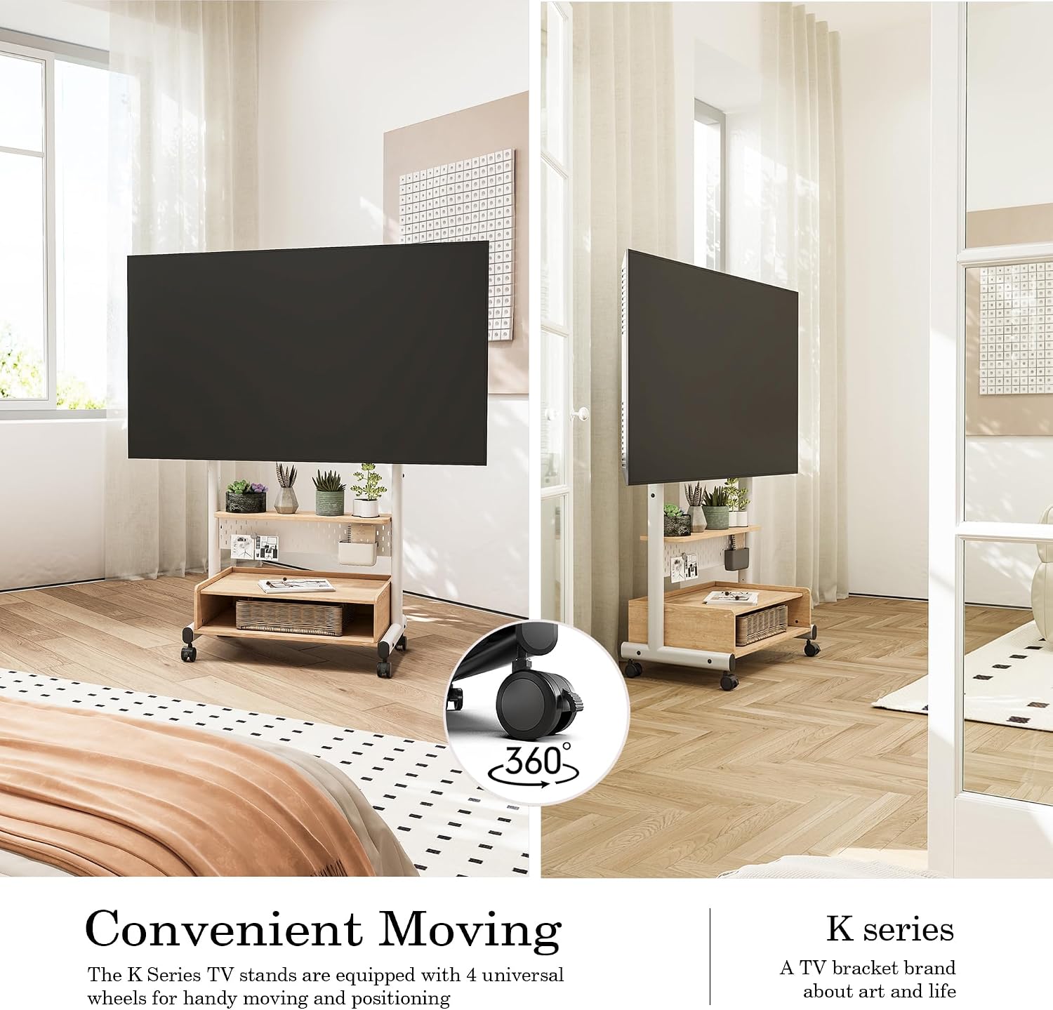 FITUEYES Rolling TV Stand for 40–85 Inch TVs, White, Storage & Pegboard