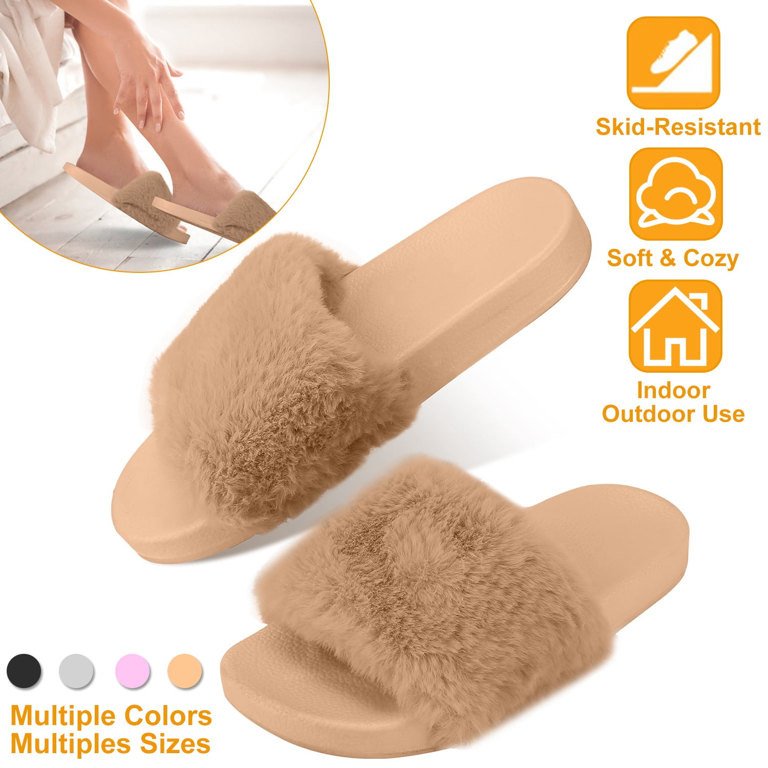NPolar Faux Fur Open Toe Flat Sandals House Shoes Pink 6 - Walmart.com