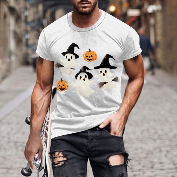 Blusas y camisas de manga corta y cuello redondo para hombre. Blusas/camisetas de manga corta con cuello redondo y estampado de Halloween para hombre. Blusa para hombre.