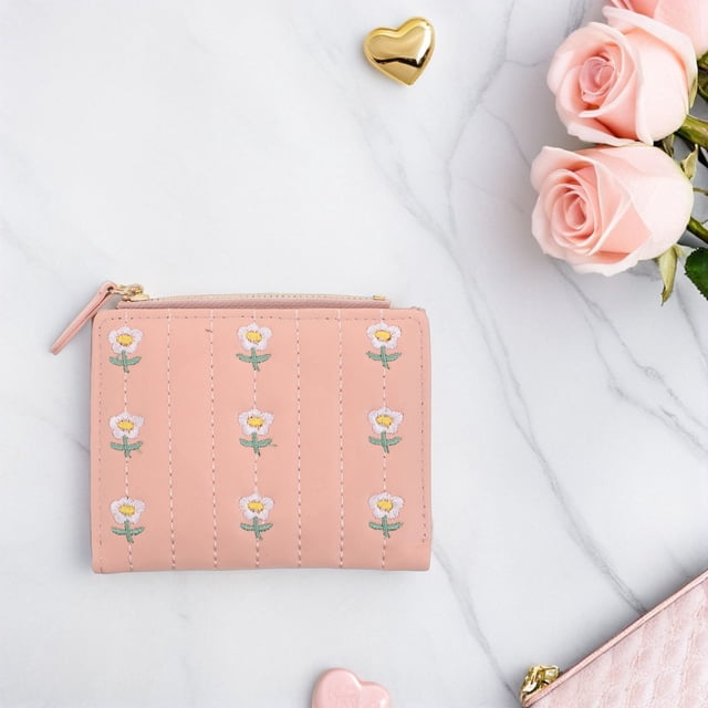 HEALEEP Billetera Compacta Bifold Para Mujer Con Bordado Y Tarjetero Rosa En PU