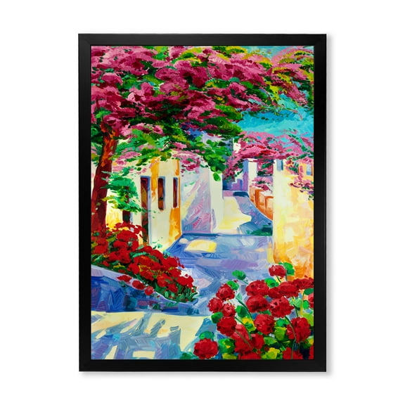 Designart 'Colorful Traditional Santorini Houses Among Flowers' Nautical & Coastal Framed Art Print