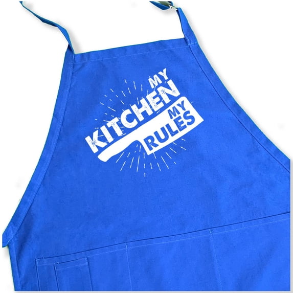 ApronMen Adjustable BBQ Apron - My Kitchen My Rules - High Quality 100% Cotton Men's Apron with 4 Front Pockets - Blue Color