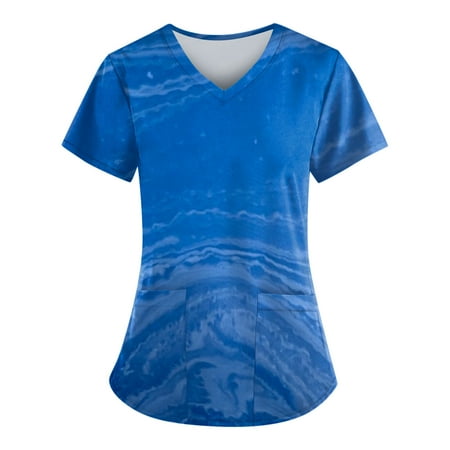 

Women Scrubs Top Short Sleeve V-Neck Printed Working Tshirts Tee Tops With Pockets Uniform Nurses Clothing Workwear