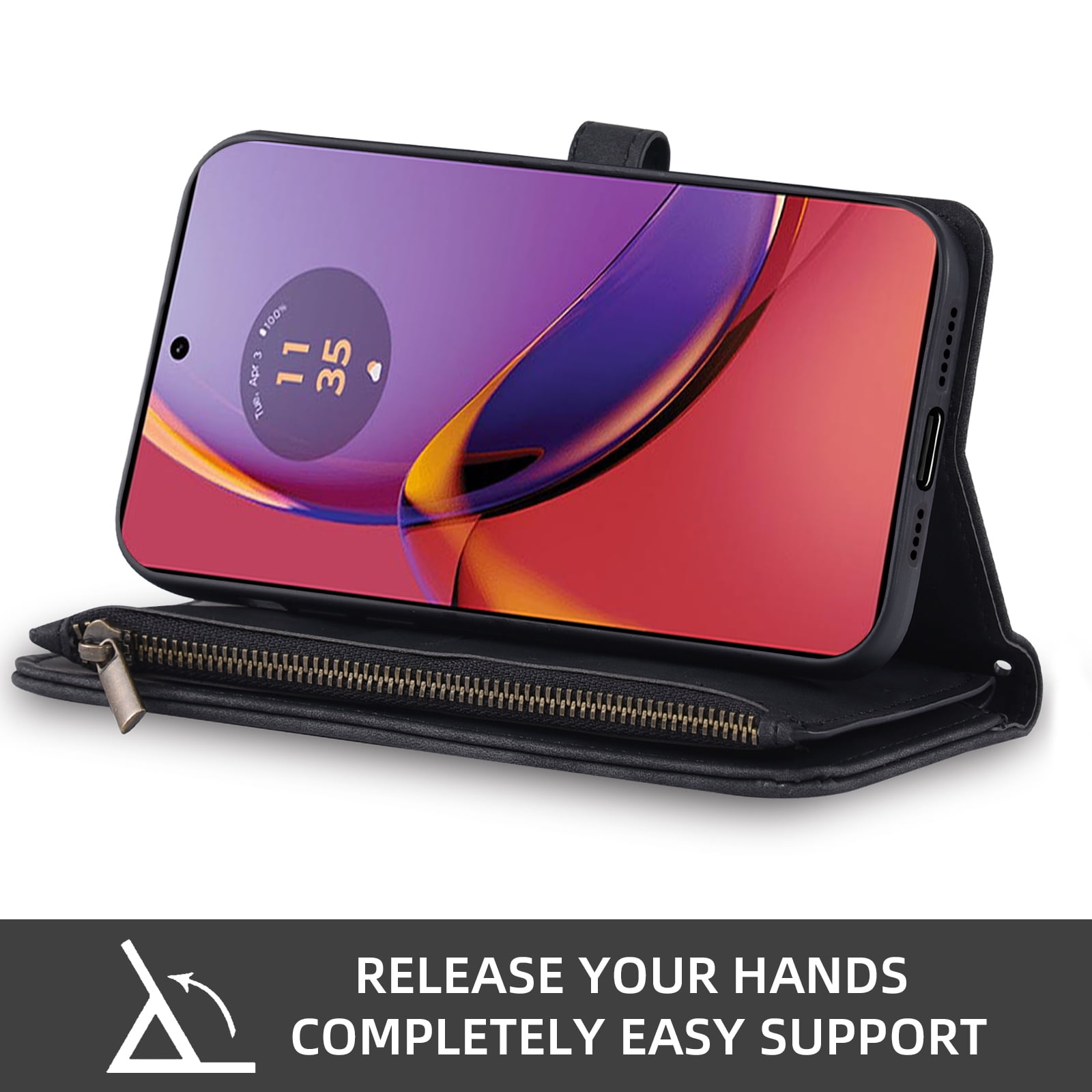 Asuwish Phone Case for Motorola Moto G84 5G Wallet Cover With Tempered Glass Screen Protector Crossbody Wrist Strap Flip Pattern Zipper Credit Card Holder Stand Slot Cell G 84 2023 Women Men Black