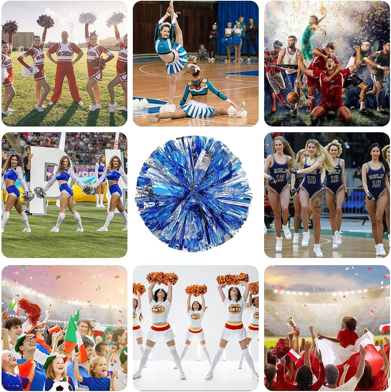 LINLIN Cheerleader Pom Poms 4 Pack Sports Dance Cheering Plastic Metallic Cheerleading Pom Poms for Kids Adults