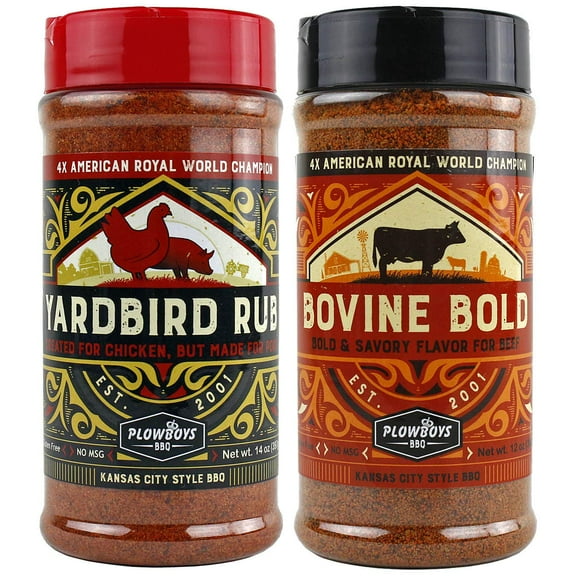 Plowboys BBQ Dry Rub Combo 2-Pack - Yardbird 14 oz & Bovine Bold 12 oz - Barbecue Grill Seasoning and Cooking Spice for Pork, Chicken, Beef, and Vegetables