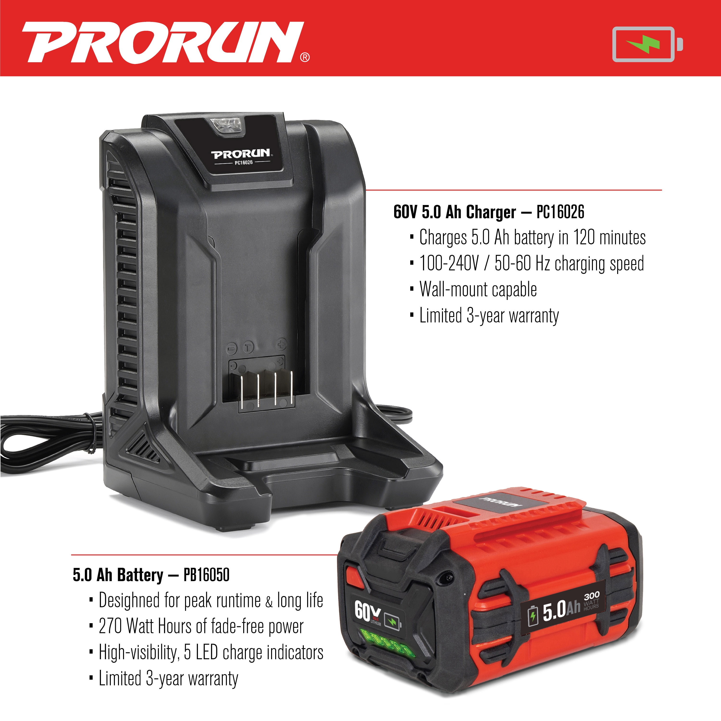 PRORUN 60V 810 CFM 190 MPH Cordless Handheld Leaf Blower with 5.0 Ah Battery and Charger