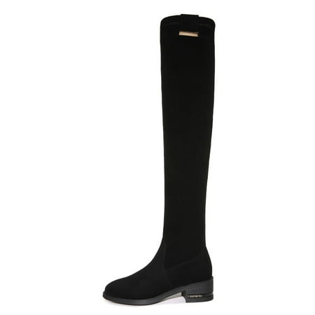 

Block Heel Thigh High Boots Black Comfortable Stretch Round Toe Chunky Heel Boots Women‘s Footwear