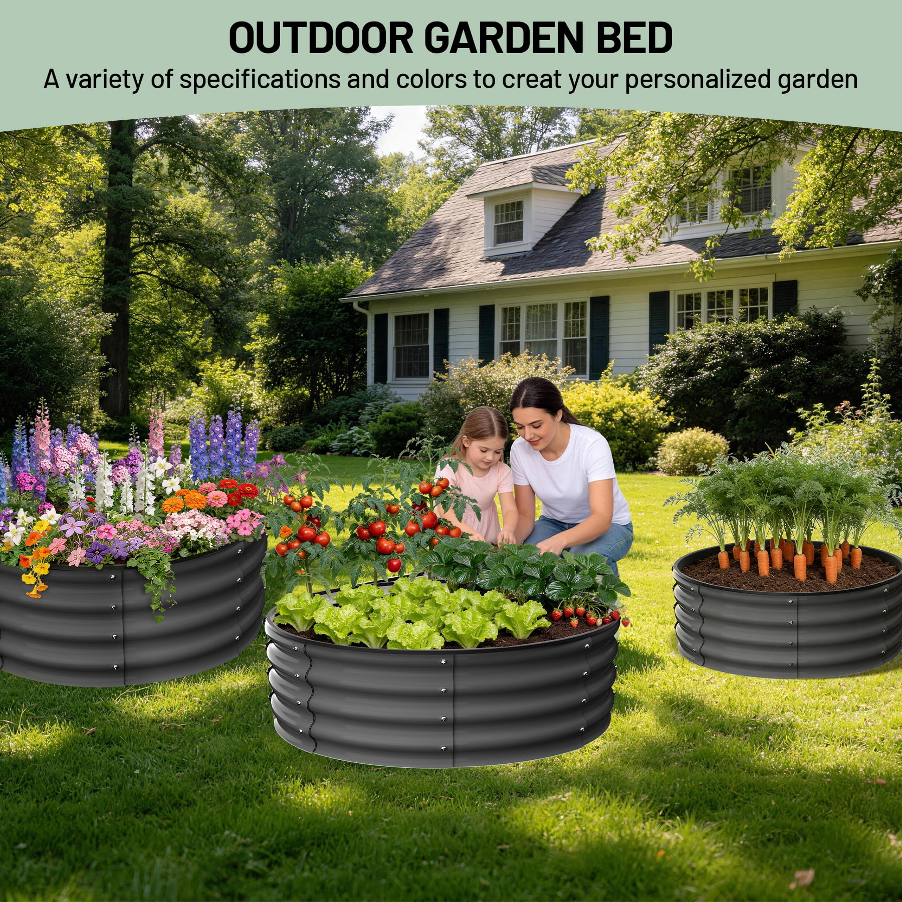 Garvee 2 Pcs Round Metal Raised Garden Bed, Galvanized Steel Planter Box, 2x2x1 FT Open-Bottom Outdoor Garden Bed with Safety Rubber Edging, Easy Assembly for Vegetables, Flowers, Herbs, Grey