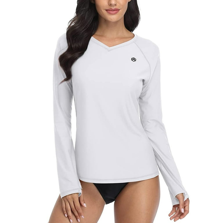Women's V Neck Solid Rash Guard Long Sleeve Swim Shirt UPF 50+