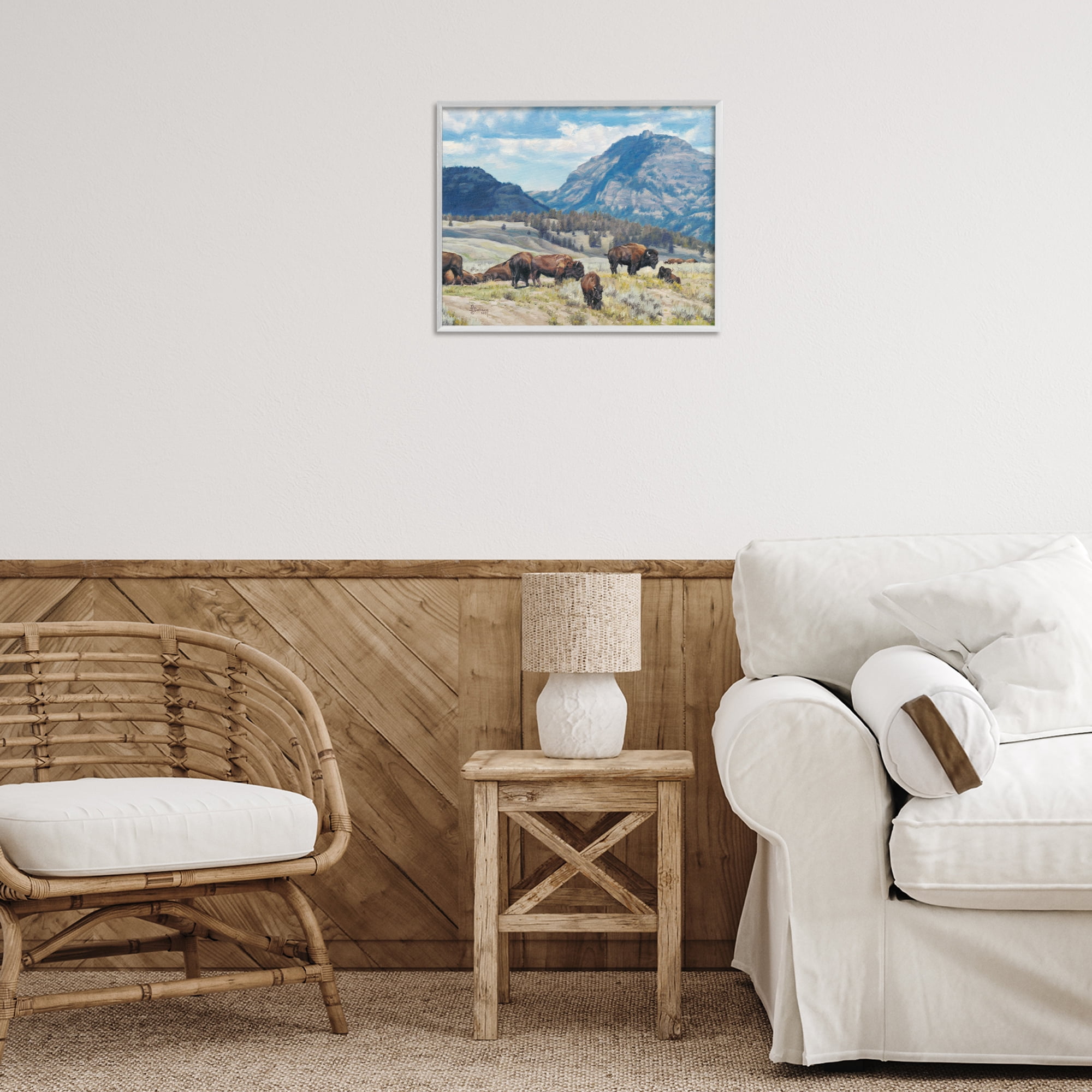 Stupell Industries Sunny Afternoon Bison Landscape Painting White Framed Art Print Wall Art, 20 x 16