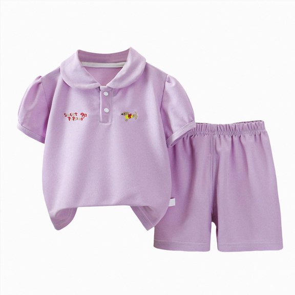 KPOPLK Summer Toddler Baby Girl Outfits Set Girls Short Sleeve Collar Embroidery Tee T-Shirt and Casual Shorts Clothes 1t 2t 3t 4t 5t 6t(2-3 Years,Purple)