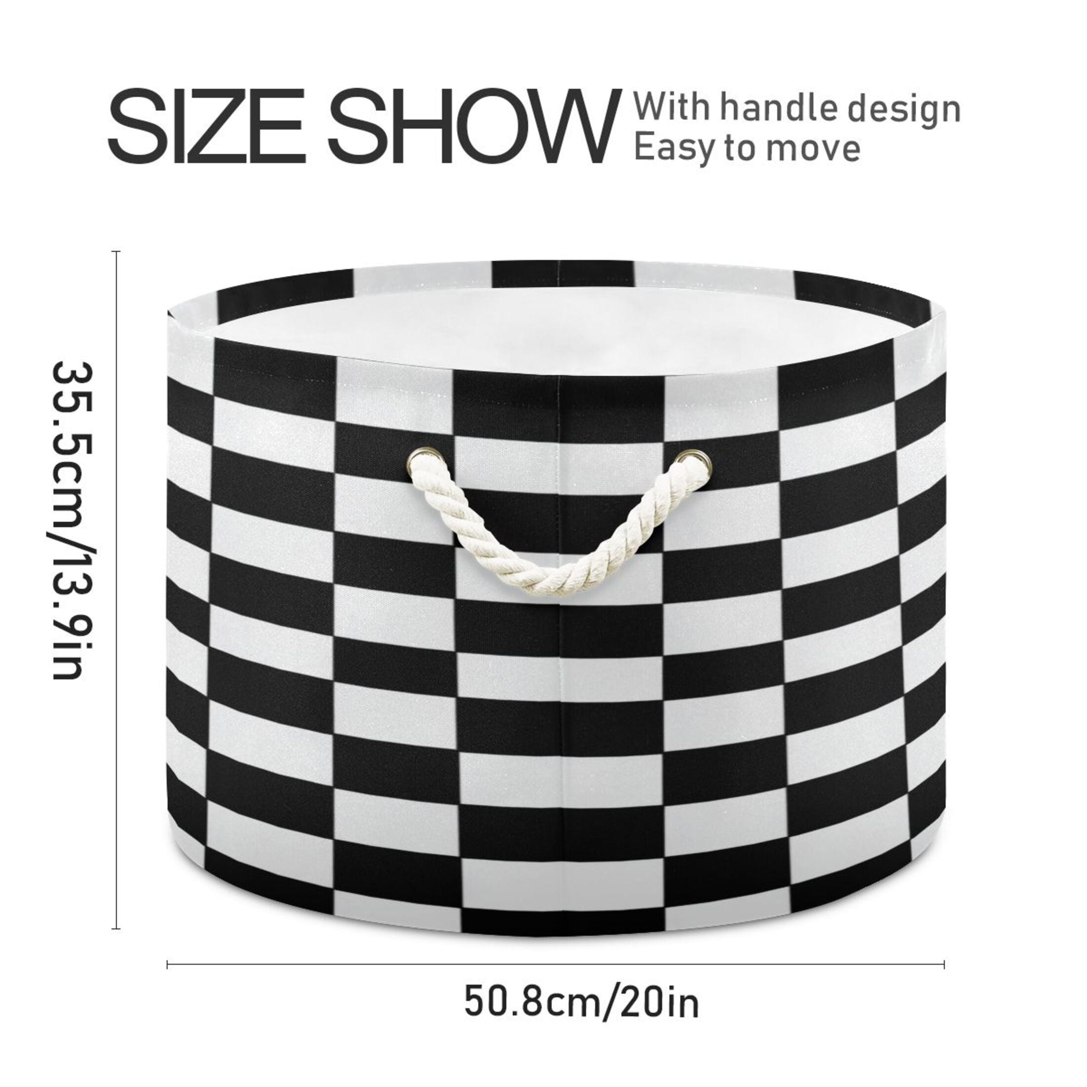 RMDQTR Round Toy Storage Basket Foldable Storage Basket for Home Decor Laundry Basket20" x 14" Classic Black-and-white Checkered Pattern