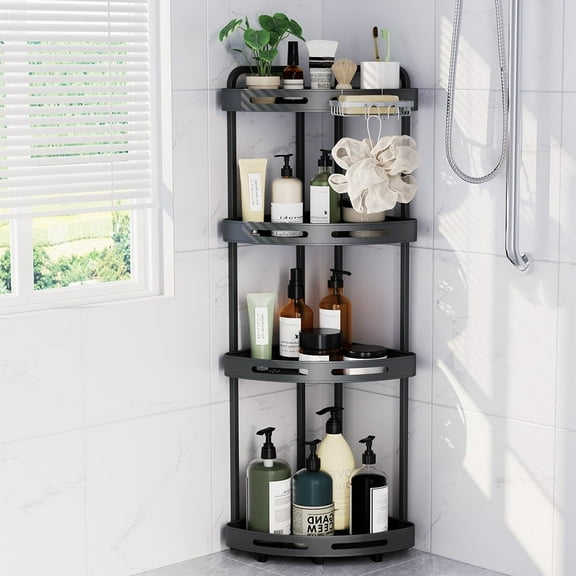 Corner Shower Caddy Standing - 4 Tier Acrylic Shower Organizer with Soap Holder, Aluminium Corner Shelf Standing for Bathroom