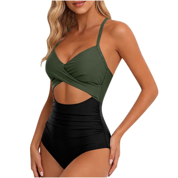YUGYXL Women's One Piece Swimsuits Tummy Control Cutout High Waisted Bathing Suit Wrap Tie Back 1 Piece Swimsuit Army Green M