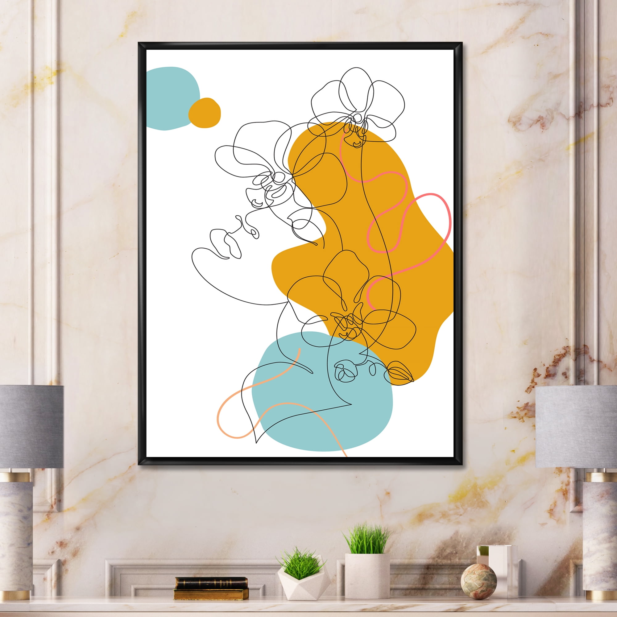Designart 'Beautiful Woman Portrait With One Line Drawing' Modern Framed Canvas Wall Art Print