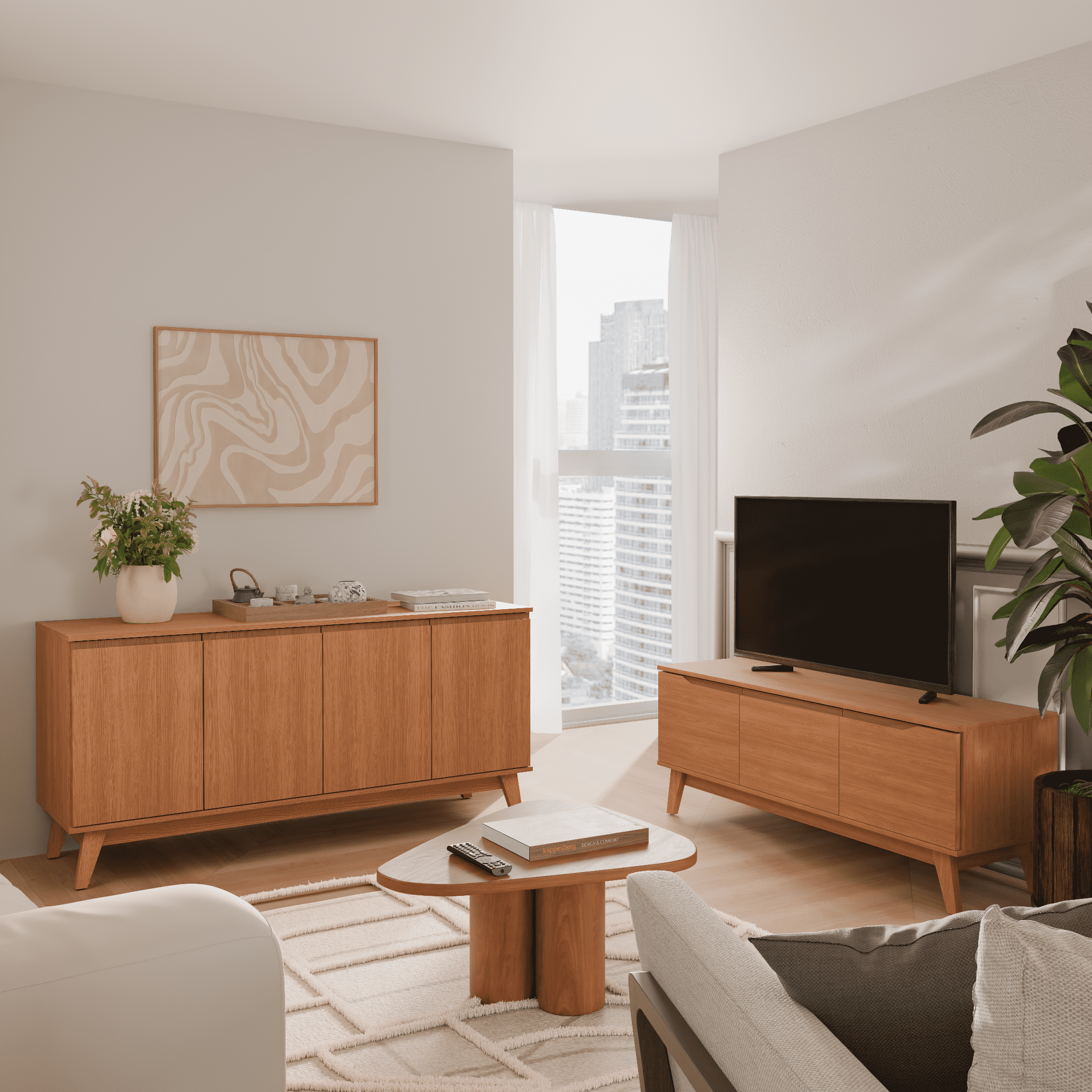 Kappesberg Living Room Furniture Set with 3-Door TV Stand and 4-Door Sideboard Golden Oak – Modern Storage Combo