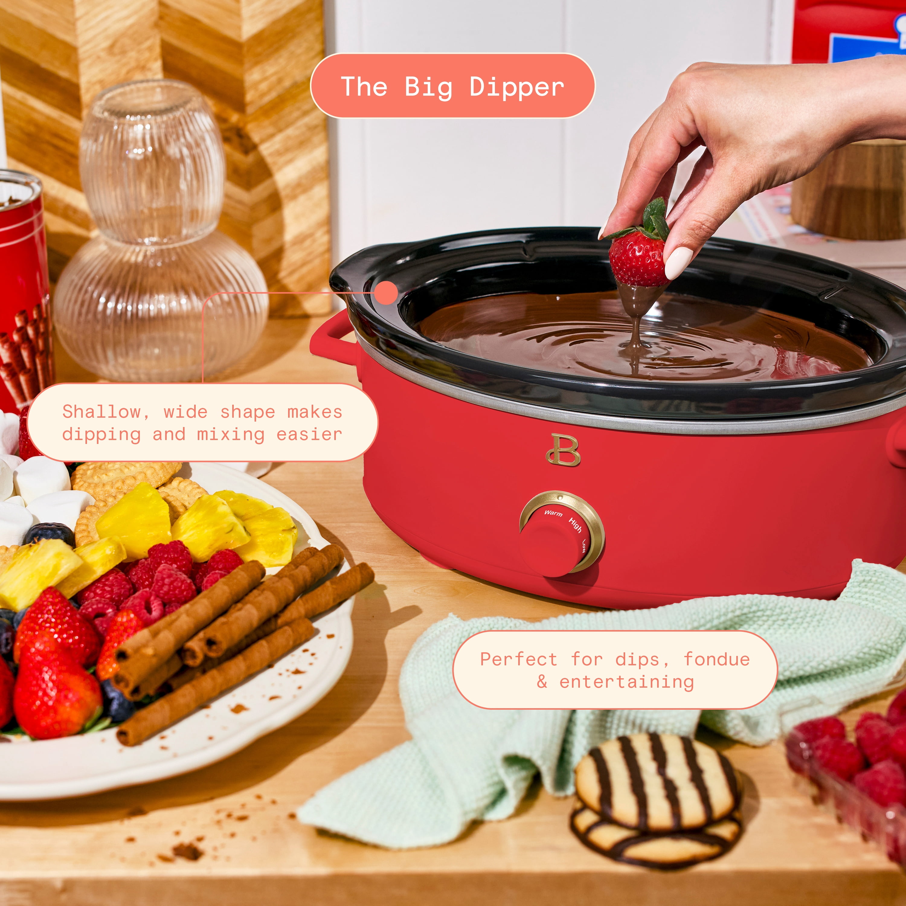 Beautiful 2.5 Qt Dip and Serve Manual Slow Cooker, Tomato Red by Drew Barrymore