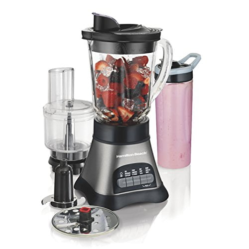 Hamilton Beach Wave Crusher Blender with 40oz Jar, 3-Cup Vegetable Chopper, and Portable Blend-in Travel Container for Shakes and Smoothies, Grey & Black (58163)