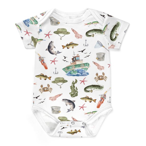 Ocean Fishing Baby Bodysuit Girl Boy Sea Fishes Boat Crabs Starfish Short Sleeve Baby Romper Outfit T-Shirt Cotton