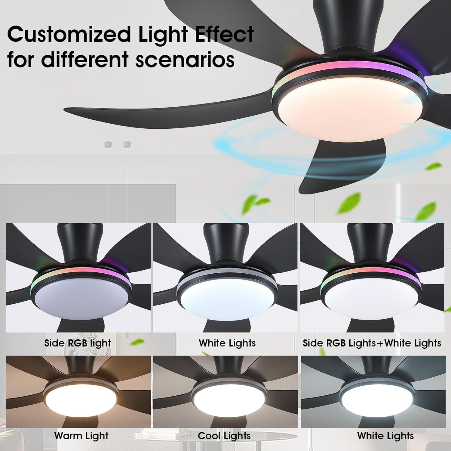 PHORUS 48" Low Profile Ceiling Fan with Light and Remote, Dimmable 3-Color LED, 6-Speed Quiet Reversible DC Motor, APP Control, Energy-Efficient Indoor/Outdoor Ceiling Fan,Black RGB