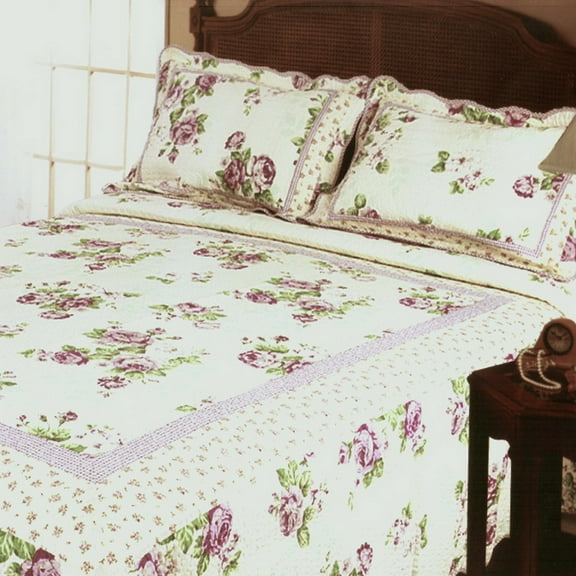 G&J Rowena 100% Cotton 3PC Pink Rose Printed Patchwork Quilt Set (Full/Queen)