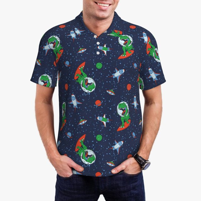 Fotbe Dinosaur Astronaut Camiseta Polo de Golf para Hombre con Estampado – Camisa Deportiva Transpirable con Cuello Abotonado-3X-Large