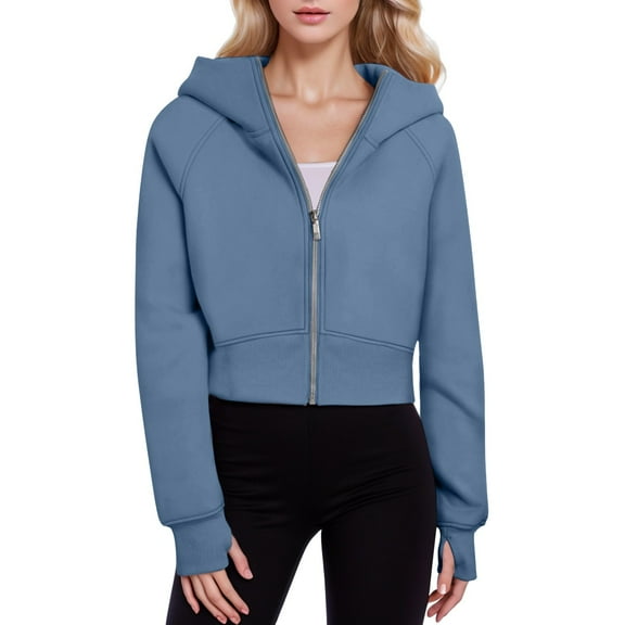 kpoplk Women's Casual Full-Zip Hoodie Lightweight Long Sleeve Sweatshirt Casual Jacket with Pocket(Blue,L)