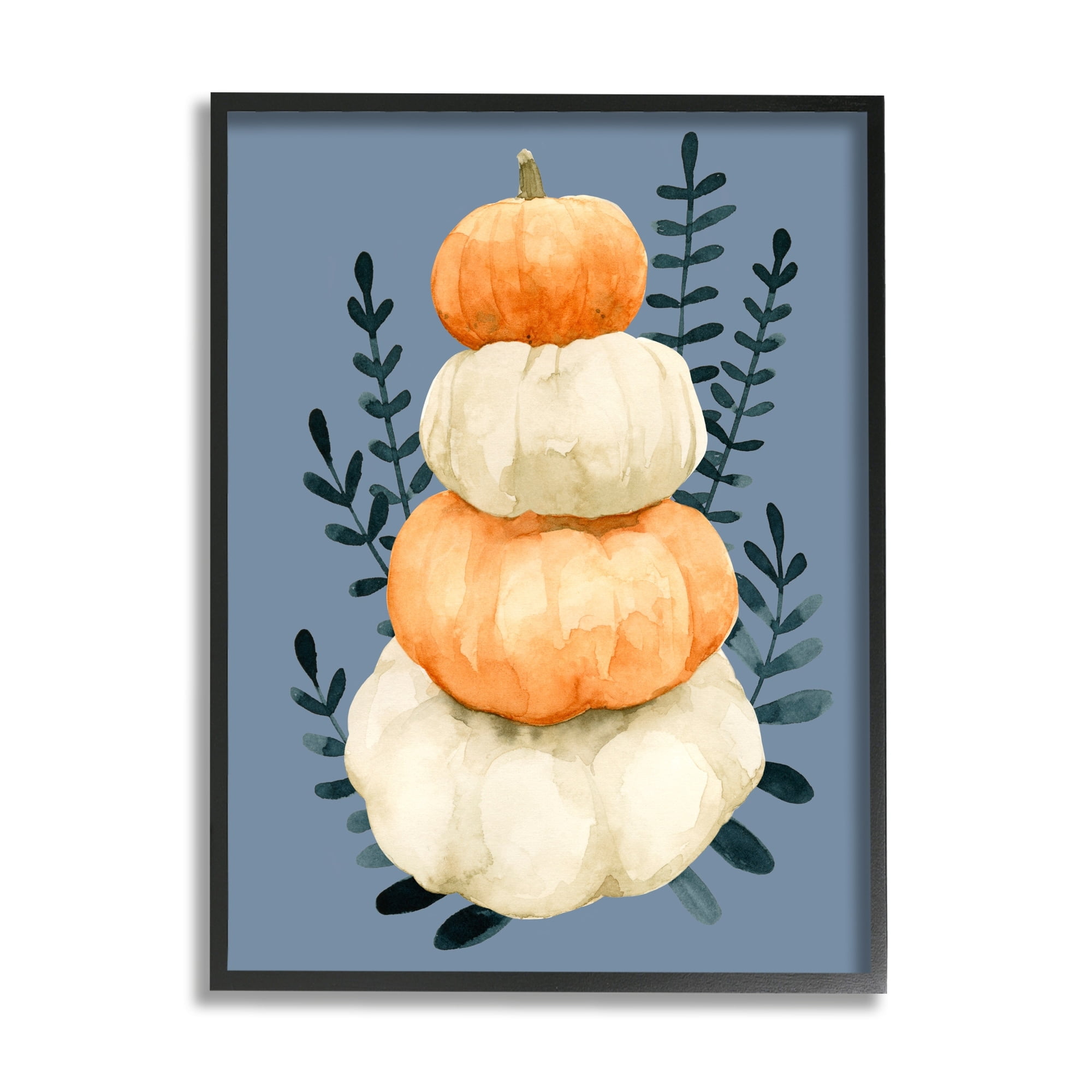 Stacked Fall Pumpkins Botanical Leaves Blue Background Botanical & Floral Painting Framed Art Print Wall Art