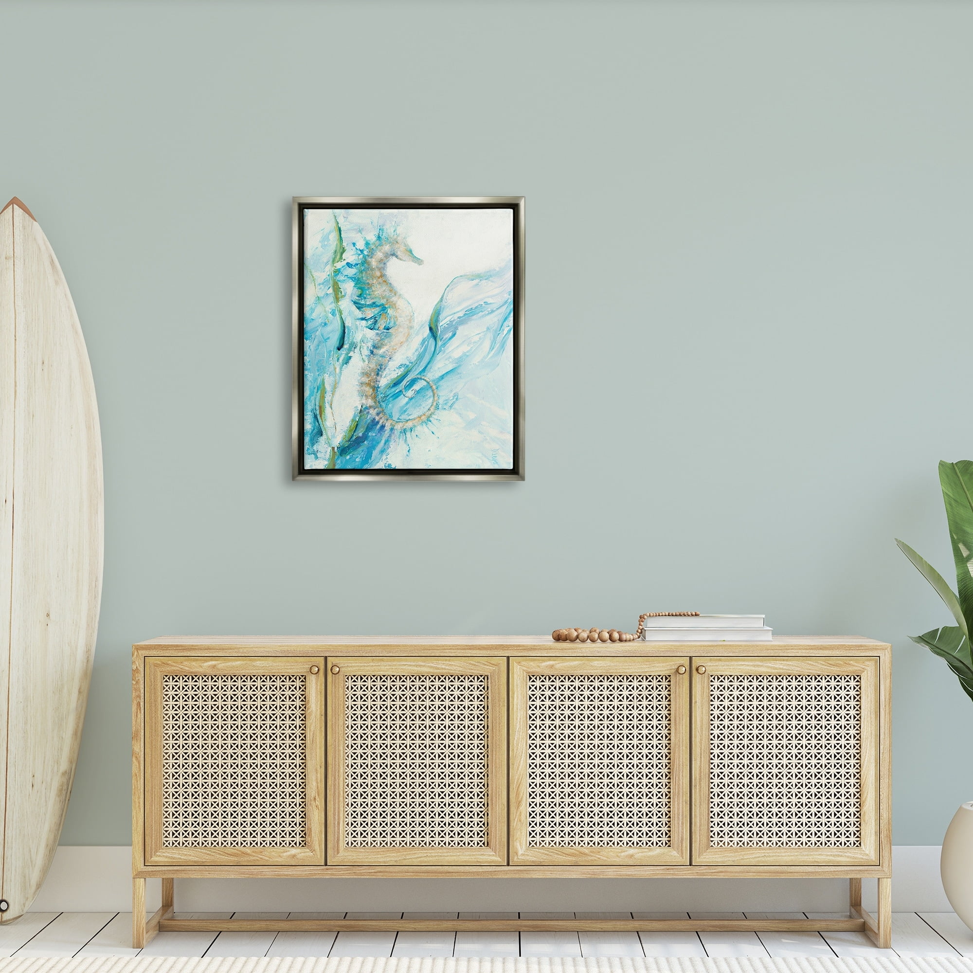 Stupell Industries Nautical Seahorse Blue Fluid Ocean Water Metallic Gold Framed Floating Canvas Wall Art, 24x30, by Third and Wall